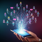 A hand holds a smartphone from which glowing digital lines extend and form into a connected crowd of diverse people, representing Instagram followers.