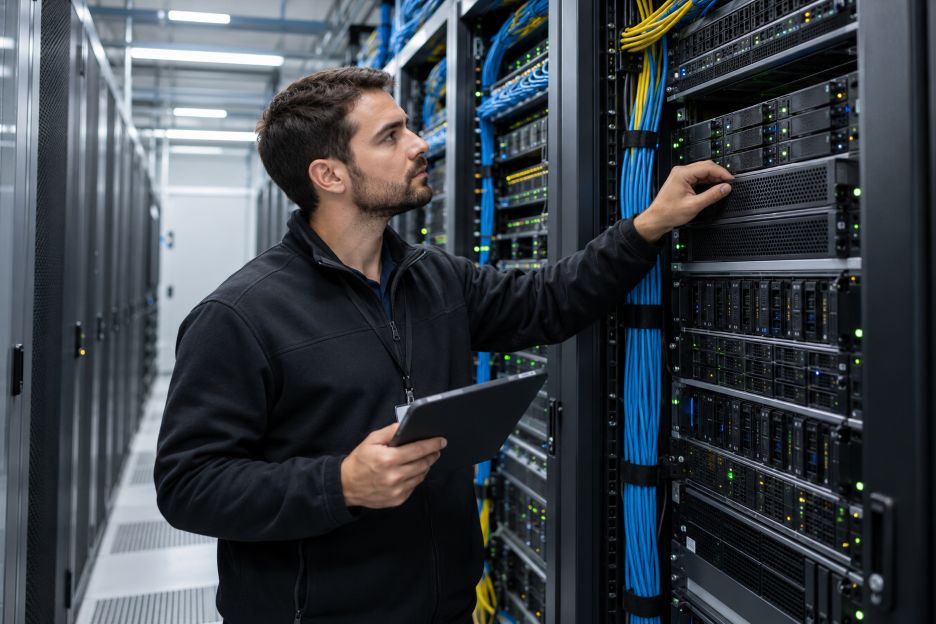 technician inspecting server racks in a modern data center